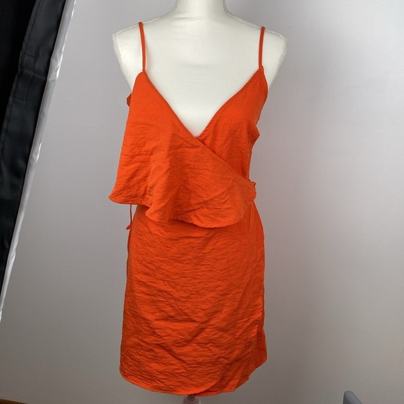 Lulu’s Mia Rae Asymmetrical Mini Wrap Dress Orange - Picture 1 of 8